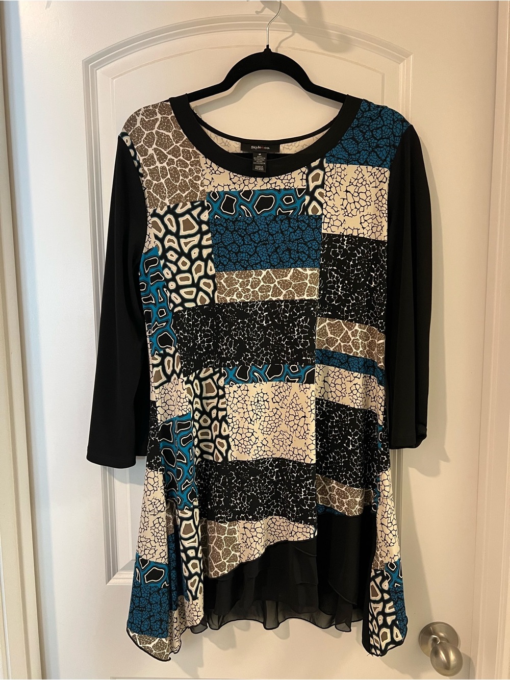 Style & Co. Patchwork-Print Tunic Top in Black, Teal, Cream, Tan